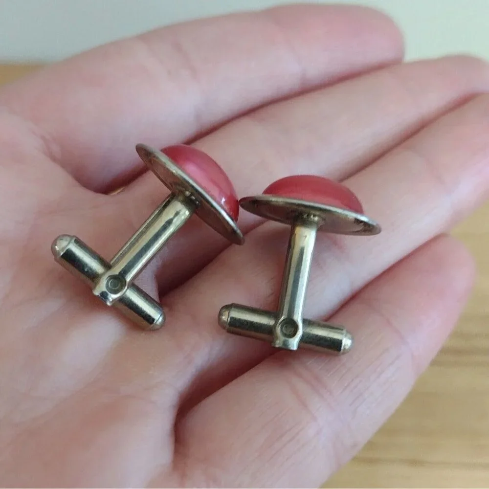Vintage Red Cranberry Lucite Oval Cabochon Cufflinks Gold Tone